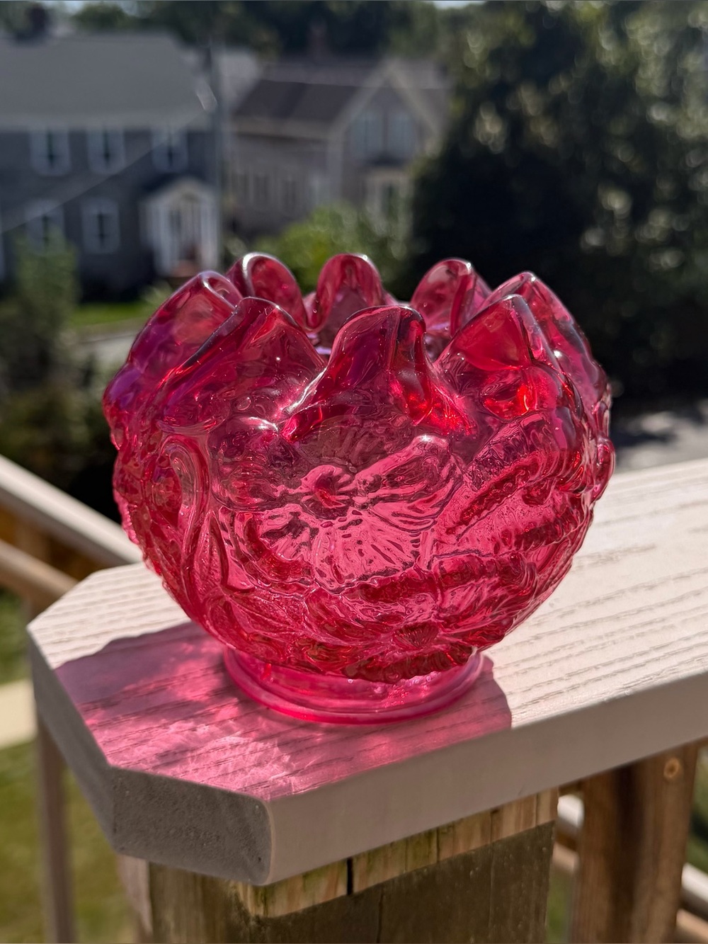 Fenton 1970s Cranberry Rose Poppy Embossed Flowers Crimped Top Rose Bowl Vase
